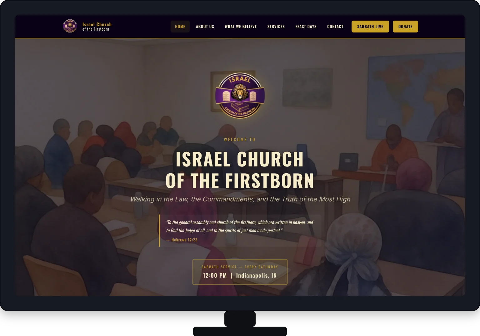 Israel Church of the Firstborn website on a desktop screen — warm gold and deep purple design with a welcome headline and service times