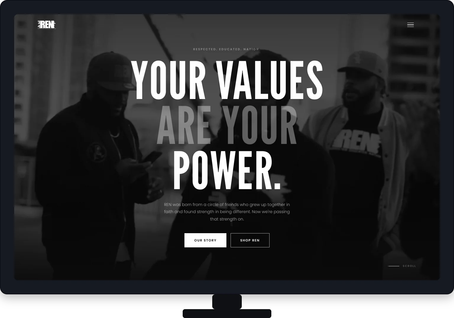 REN nonprofit website on a desktop screen — bold black-and-white design with the headline Your Values Are Your Power
